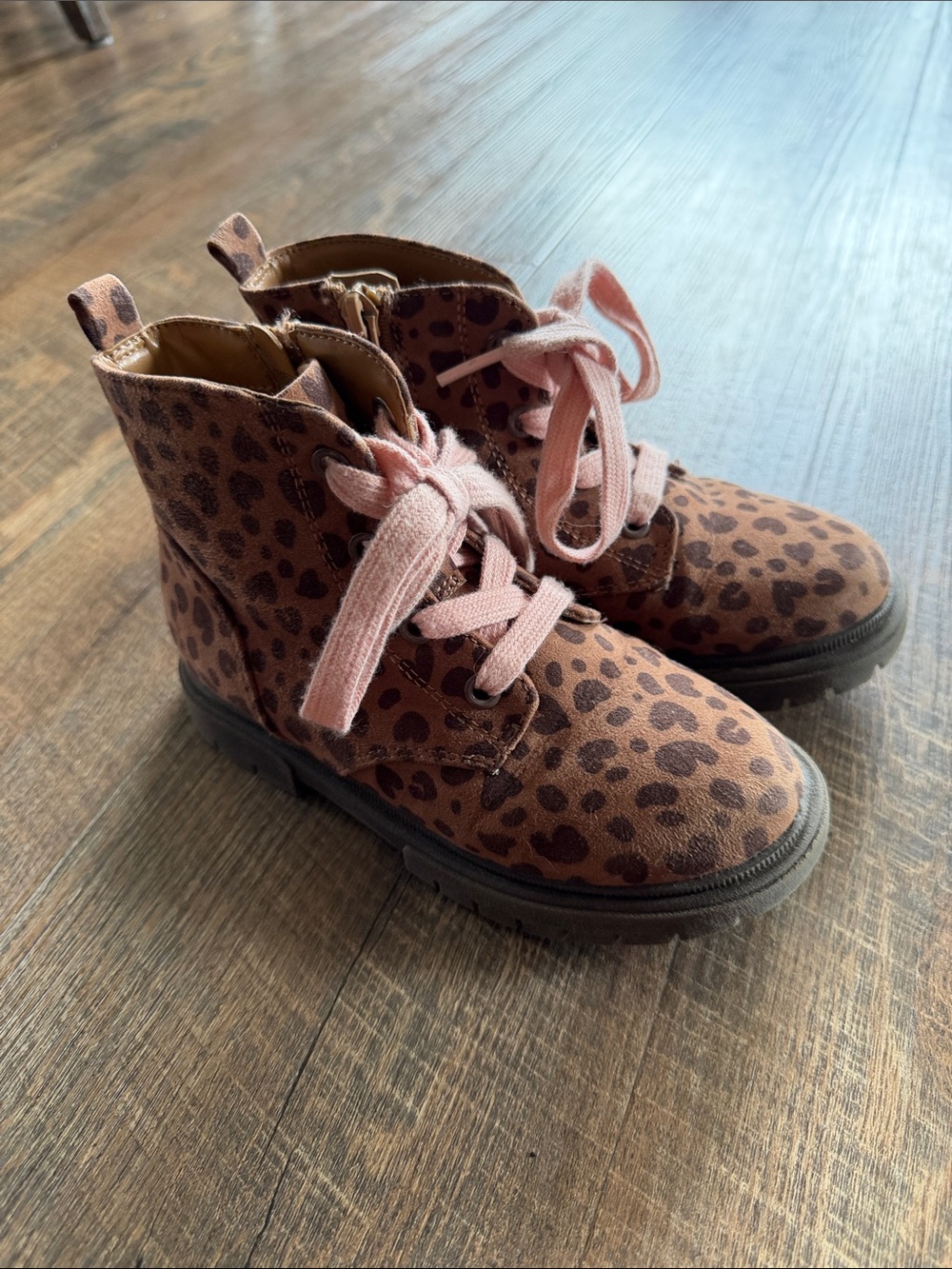 Cat & Jack Brown Leopard Ankle Boots with Pink Laces